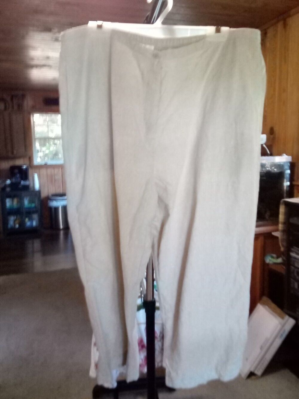 LL BEAN Women's Linen Beige Button And Zip Pants With Elastic Waist 20 Petite